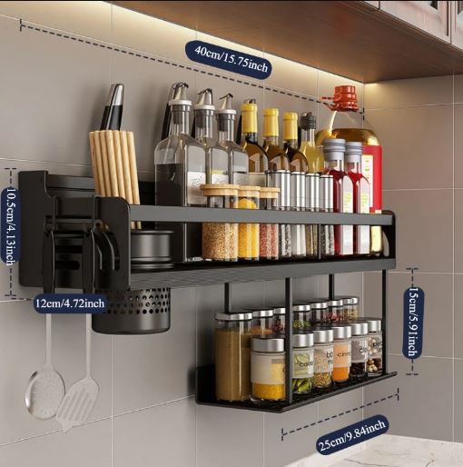 1Pc Wall-Mounted Storage Shelf, Kitchen Spice And Utensil Organizer, Multifunctional No-Drill Double-Layer Storage Rack