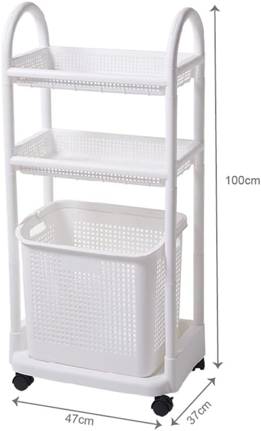 2-Tier Laundry Basket Organizer Trolley Plastic Cart Shelf Rack with Laundry Storage Basket Perfect for Kitchen Bathroom Laundry