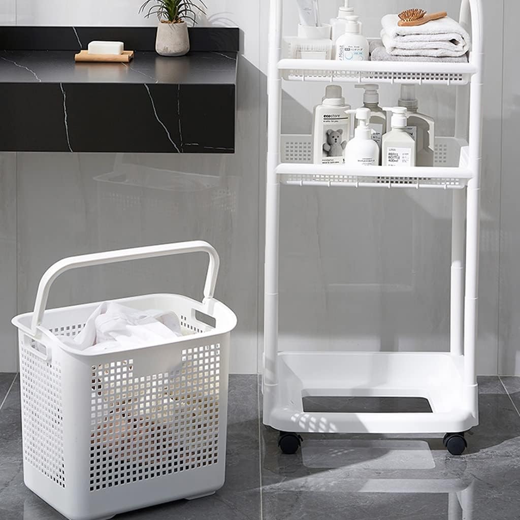 2-Tier Laundry Basket Organizer Trolley Plastic Cart Shelf Rack with Laundry Storage Basket Perfect for Kitchen Bathroom Laundry