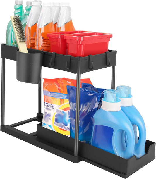 2-Tier Under Sink Sliding Drawer Storage Organizer Rack Multi-Purpose Holder for Kitchen Bathroom Cabinet