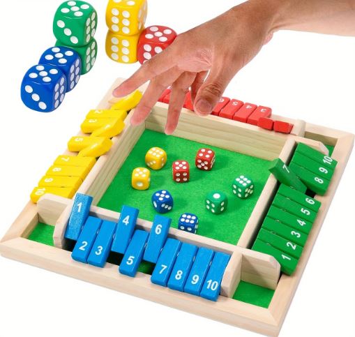4-Player Wooden Dice Game - Interactive Party Board Game with Flip Cards, Standard Edition, for Ages 14+ Family-Friendly Entertainment