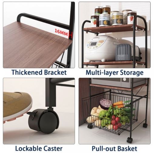 4 Tier Metal Kitchen Bakers Rack Rolling Utility Cart Spice Rack Microwave Oven Stand Shelf Utensil Holder Drawer Organizer