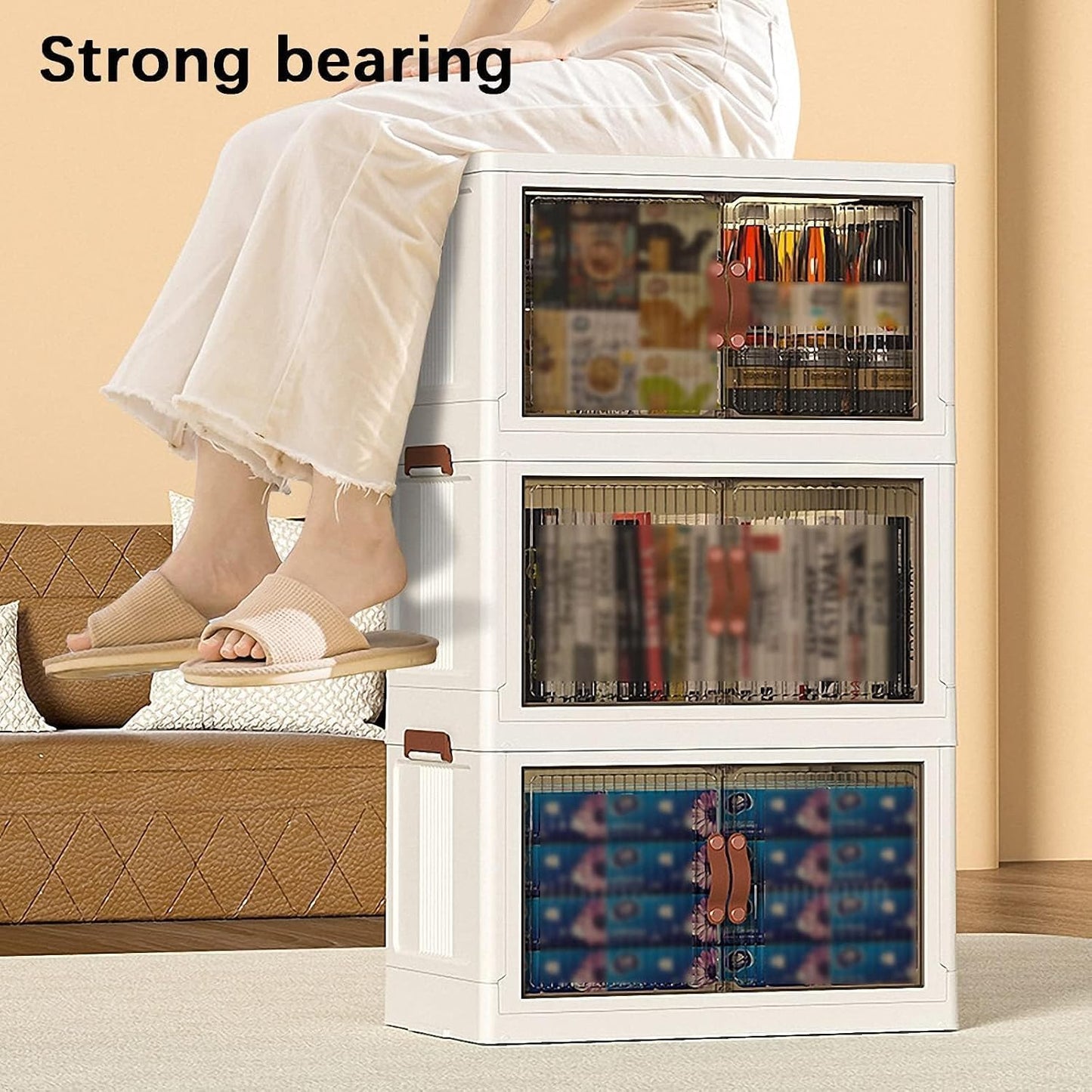 Plastic Storage Bins, 5-Tier Cabinet with Lids, Stackable Storage Containers with Magnetic Doors & Wheels, Foldable for Home Living Room Office Closet