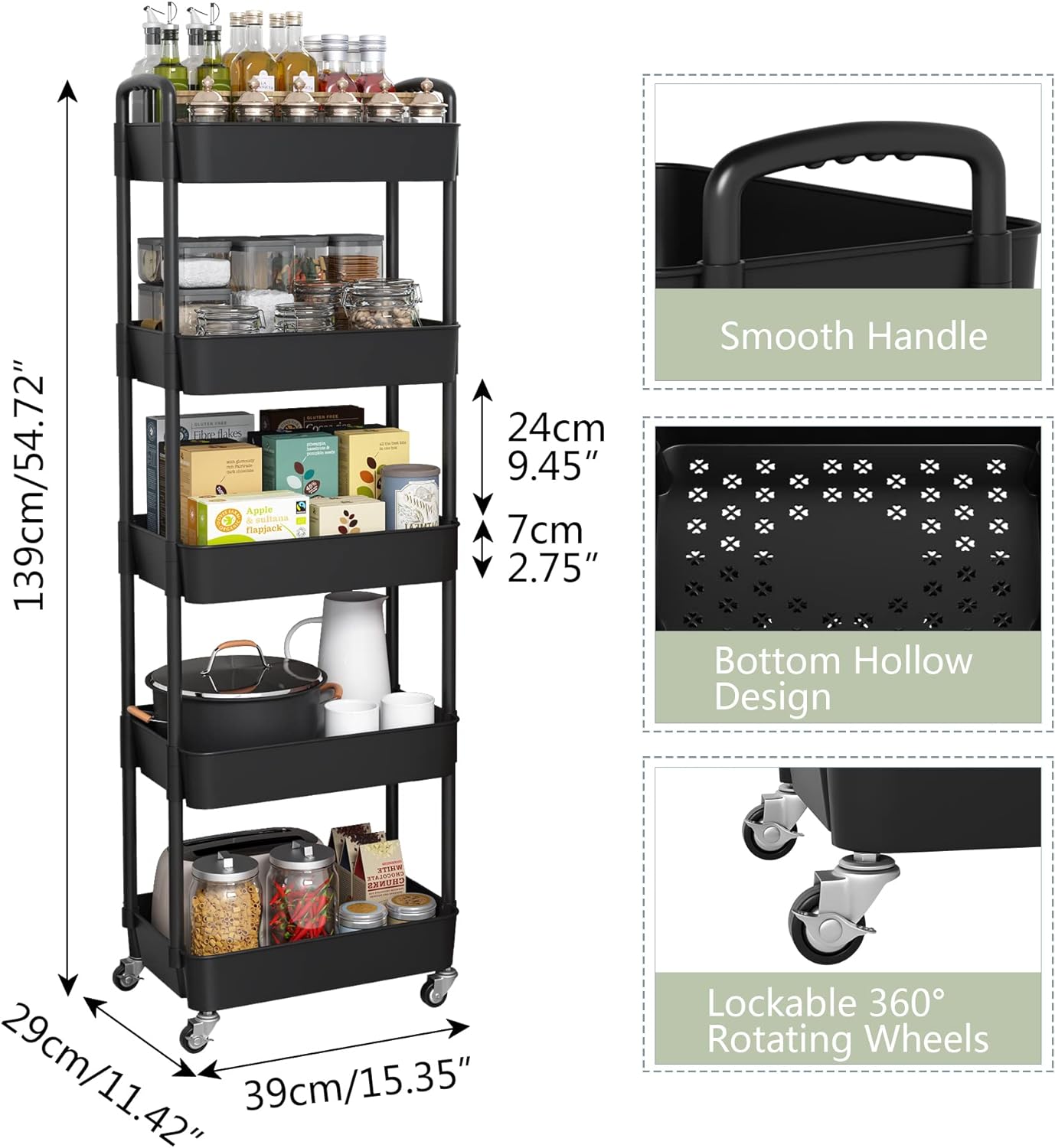 5-Tier Plastic Rolling Utility Cart with Handle, Multi-Functional Storage Trolley for Office, Living Room, Kitchen