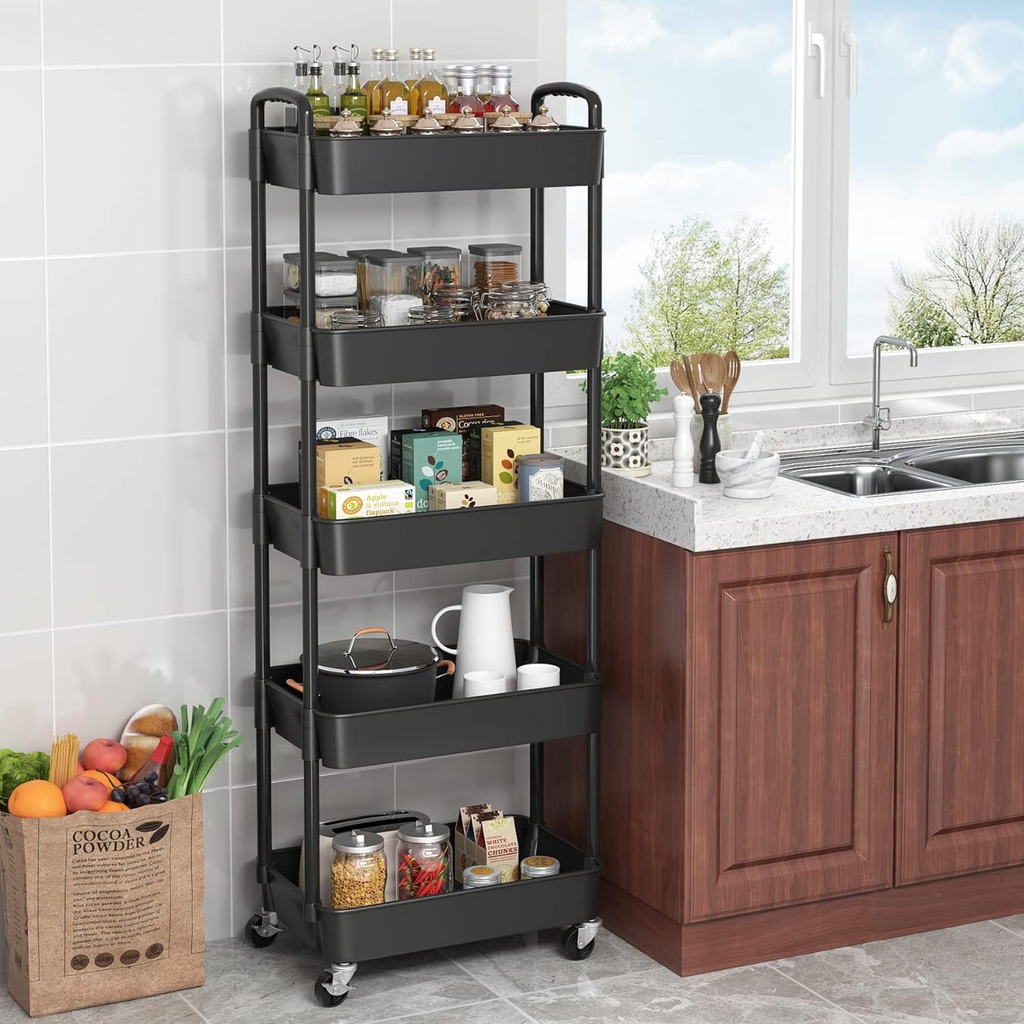 5-Tier Plastic Rolling Utility Cart with Handle, Multi-Functional Storage Trolley for Office, Living Room, Kitchen