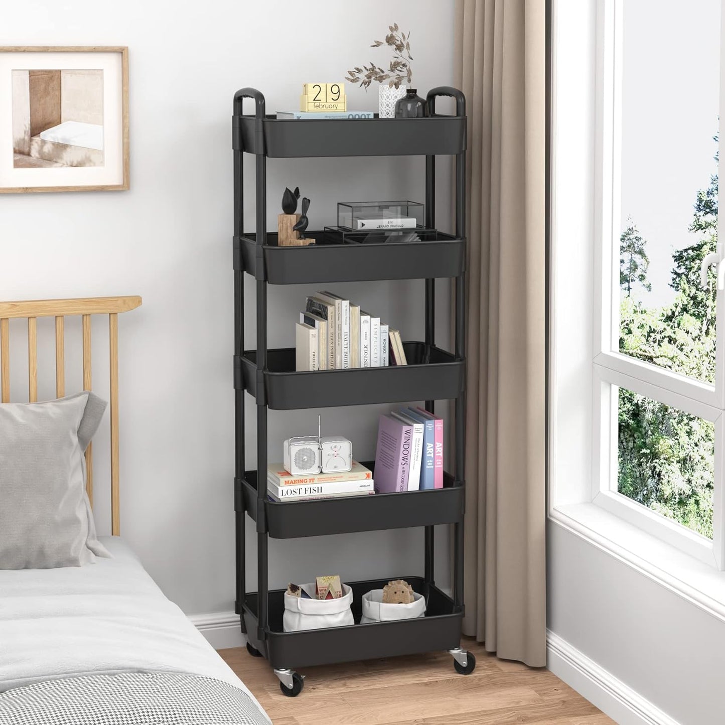 5-Tier Plastic Rolling Utility Cart with Handle, Multi-Functional Storage Trolley for Office, Living Room, Kitchen
