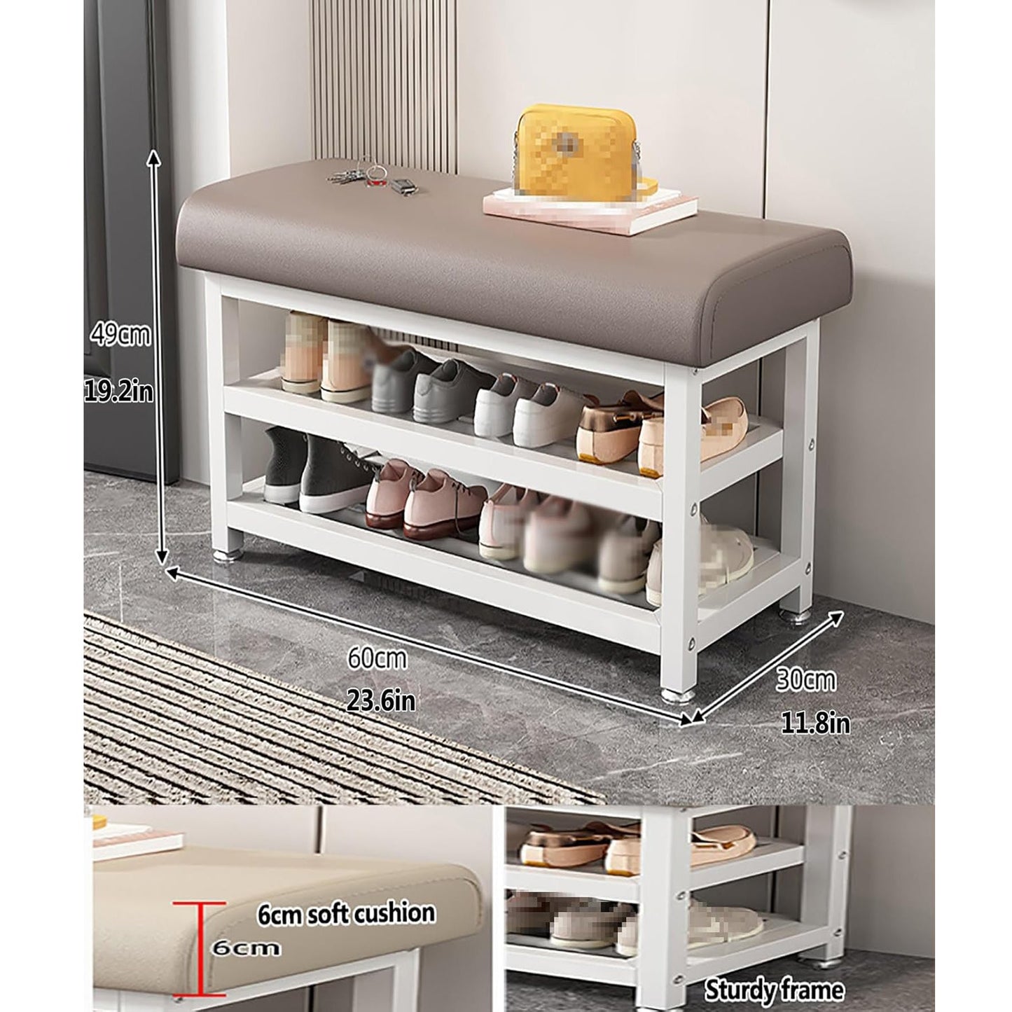 Shoe Bench Organizer with Cushion - 2 Tier Steel Shoe Rack Storage Bench