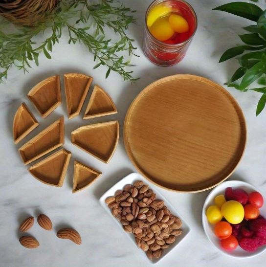 8-Compartment Wooden Serving Tray - Party Serving Tray | Elegant Serving Tray | Natural Wood Finish, Fruit Trays for Serving