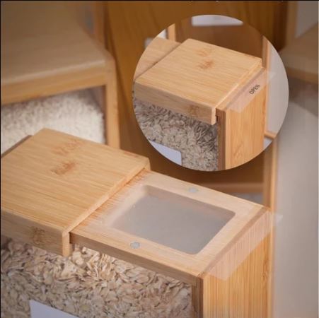 Bamboo Grain Storage Box Airtight Square Pantry Organizer for Rice, Cereal, Dry Goods
