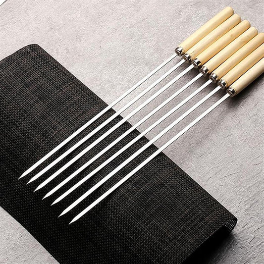 6pcs Stainless Steel BBQ Skewers with Wooden Handles - Heavy-Duty Rust-Resistant Round Metal Barbecue Skewers