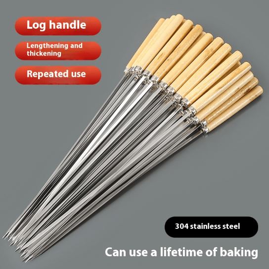 6pcs Stainless Steel BBQ Skewers with Wooden Handles - Heavy-Duty Rust-Resistant Round Metal Barbecue Skewers