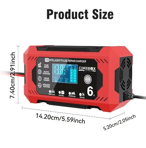 Smart Battery Charger 12V 6A with LCD Display - Versatile Lead-Acid Trickle Charger for Cars, Trucks, Motorcycles, Lawn Mowers, and Marine Vehicles