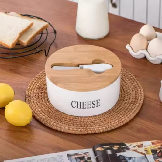 Cheese Sealing Box Ceramic Butter Plate Cheese Storage Tray Container Box + Lid and Knives Set
