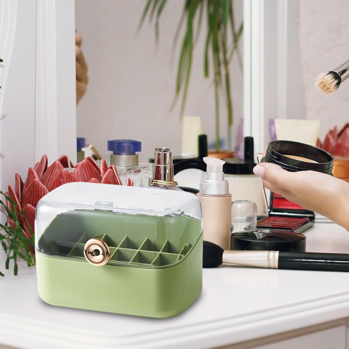 Cosmetic Organizer Storage Box for Display, Large Capacity Portable Dustproof Case with Multi Grids