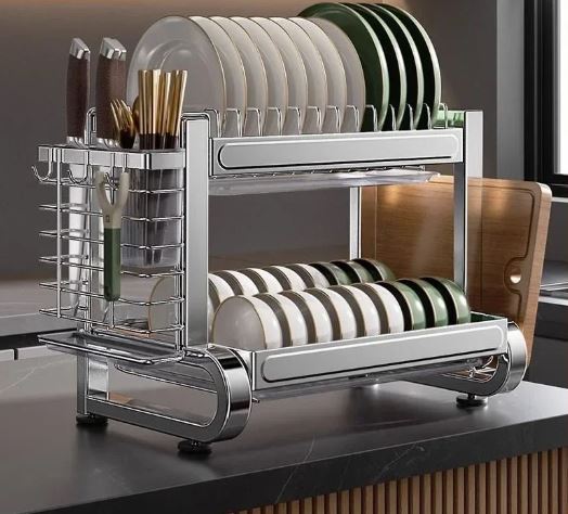 Stainless Steel Dish Drying Rack, Dish Drainer Over Sink Draining with Drip Tray with Cutlery Holder (Silver)