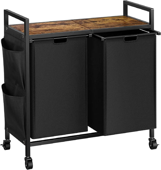 Double Laundry Hamper with Lid, Laundry Sorter with Top Shelf and 2 Removable Bags, Large Laundry Storage for Room, Black