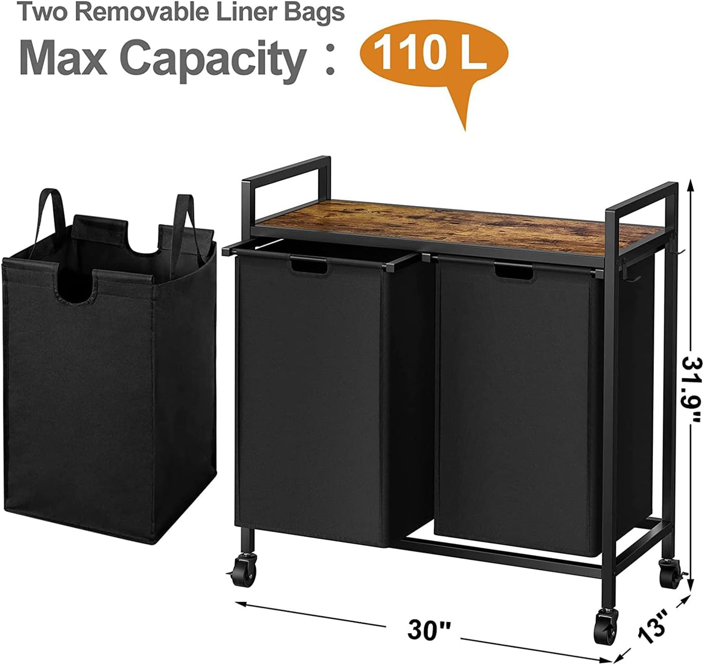 Double Laundry Hamper with Lid, Laundry Sorter with Top Shelf and 2 Removable Bags, Large Laundry Storage for Room, Black