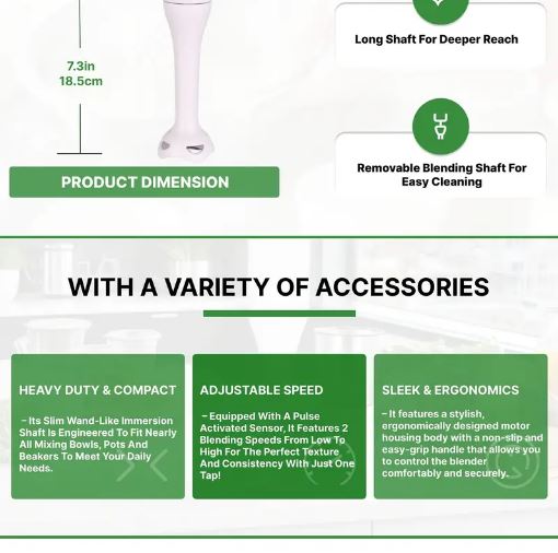 Electric Immersion Hand Blender, Mixer, Chopper, Powerful 180 Watt Ice Crushing 2-Speed Control One Hand Mixer (White)
