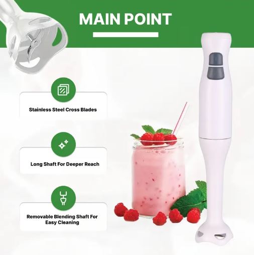 Electric Immersion Hand Blender, Mixer, Chopper, Powerful 180 Watt Ice Crushing 2-Speed Control One Hand Mixer (White)