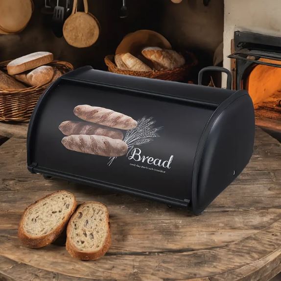 Elegant Black Bread Box, Rectangular, Reusable Iron Container with Flip-Top Lid, Perfect for Fresh Breads and Pastries