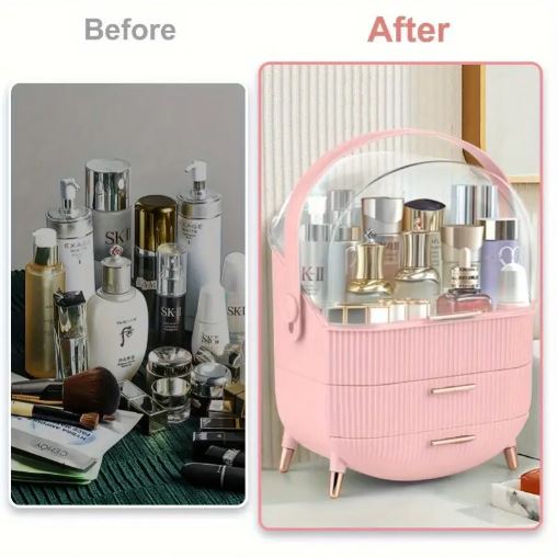 Elegant Pink Makeup Organizer with Golden Accents - Dustproof & Moisture-Resistant Cosmetic Storage Case with Lid & Drawers