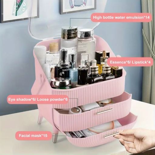 Elegant Pink Makeup Organizer with Golden Accents - Dustproof & Moisture-Resistant Cosmetic Storage Case with Lid & Drawers