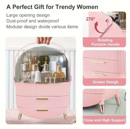 Elegant Pink Makeup Organizer with Golden Accents - Dustproof & Moisture-Resistant Cosmetic Storage Case with Lid & Drawers