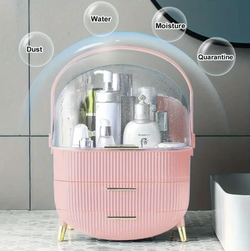Elegant Pink Makeup Organizer with Golden Accents - Dustproof & Moisture-Resistant Cosmetic Storage Case with Lid & Drawers