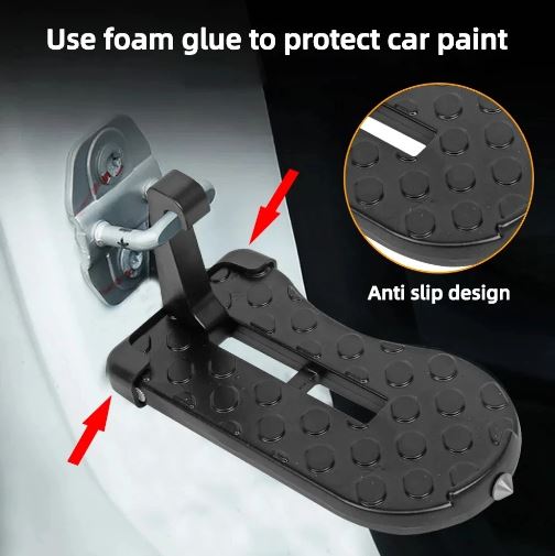 Foldable Car Door Step with Safety Hammer & Anti-Skid Wheel - Multi-Functional Car Door Climbing Pedals, Durable Aluminum Alloy (Black)