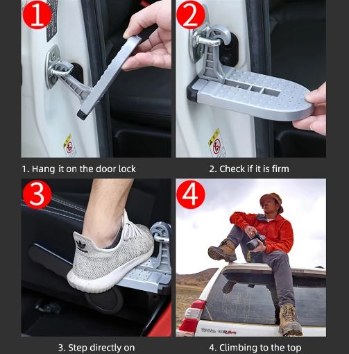 Foldable Car Door Step with Safety Hammer & Anti-Skid Wheel - Multi-Functional Car Door Climbing Pedals, Durable Aluminum Alloy (Black)