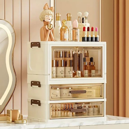 Foldable Cosmetic Organizer, Plastic Countertop Makeup Storage Cabinet with Polished Finish, Dust-Proof Transparent Drawers for Skincare