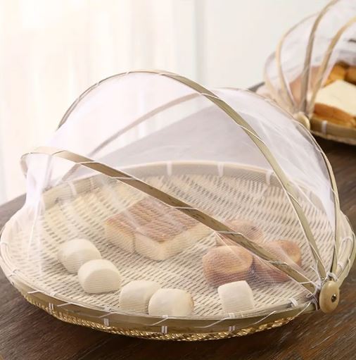 Handcrafted Bamboo Food Basket With Cover - Foldable, Fly & Mosquito Proof Mesh Cover Basket, Perfect for Fruits, Vegetables, Bread Storage