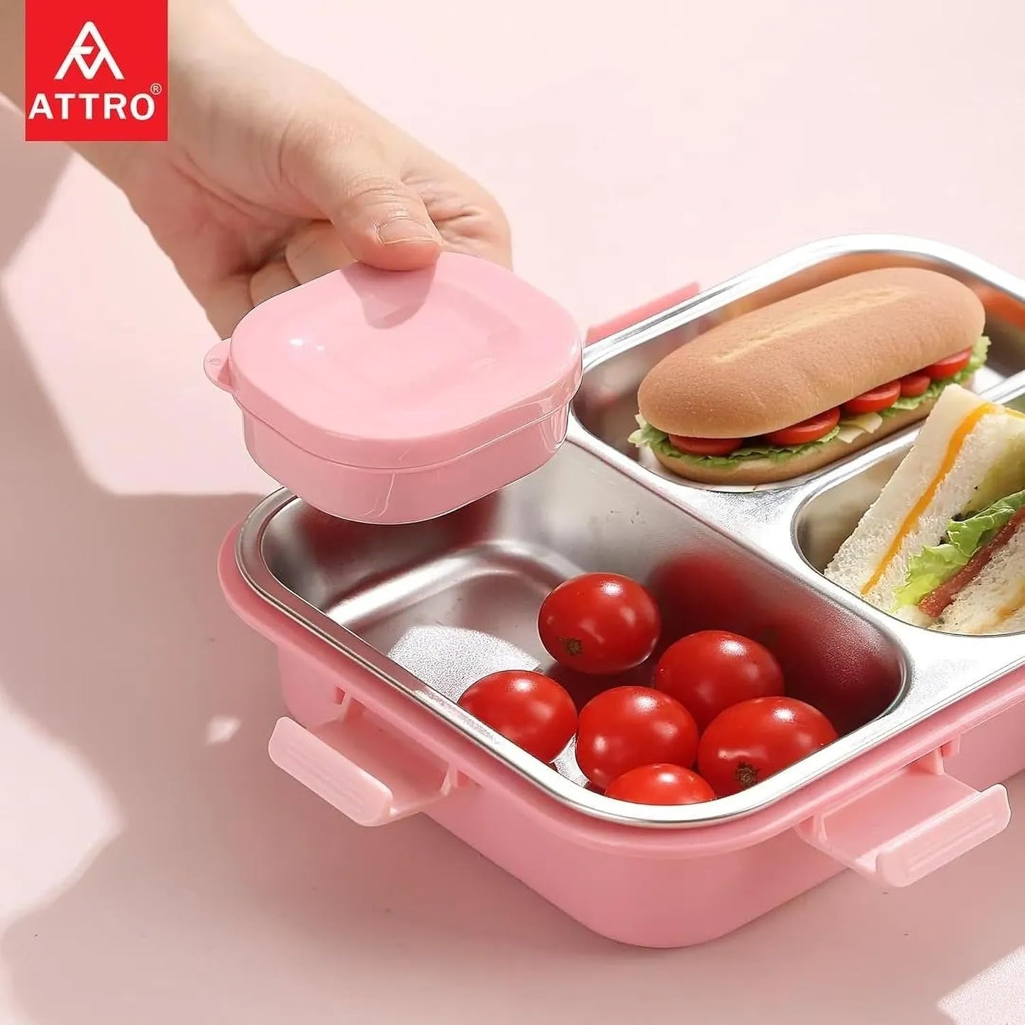 Kids Lunch Box with 3 Compartment Inner Steel, 1 Small Container, Spoon & Chopstick Air-Tight Leakproof Heat Water Insulation Design