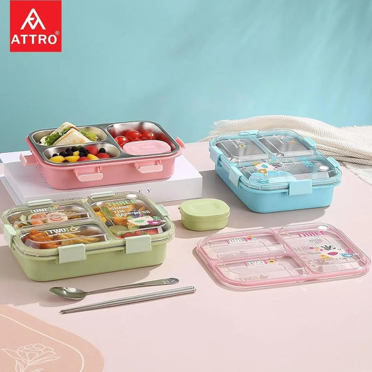 Kids Lunch Box with 3 Compartment Inner Steel, 1 Small Container, Spoon & Chopstick Air-Tight Leakproof Heat Water Insulation Design