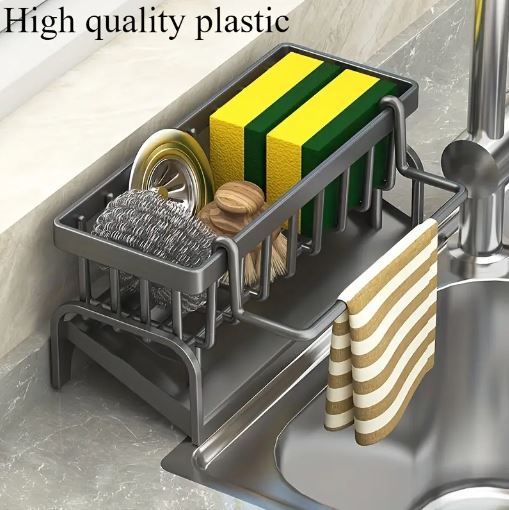 1pc Elegant No-Drill Kitchen Sink Caddy, Durable Plastic Multi-Purpose Storage Organizer for Sponges, Brushes, Towels, and Accessories