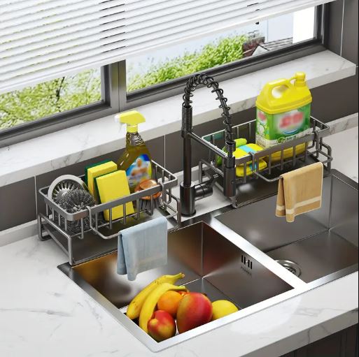 1pc Elegant No-Drill Kitchen Sink Caddy, Durable Plastic Multi-Purpose Storage Organizer for Sponges, Brushes, Towels, and Accessories