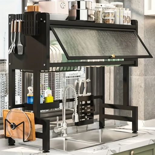 Multi-Compartment Kitchen Sink Organizer with Drain Function for Utensils and Supplies, Durable Plastic/Metal Construction, Kitchen Sink Storage