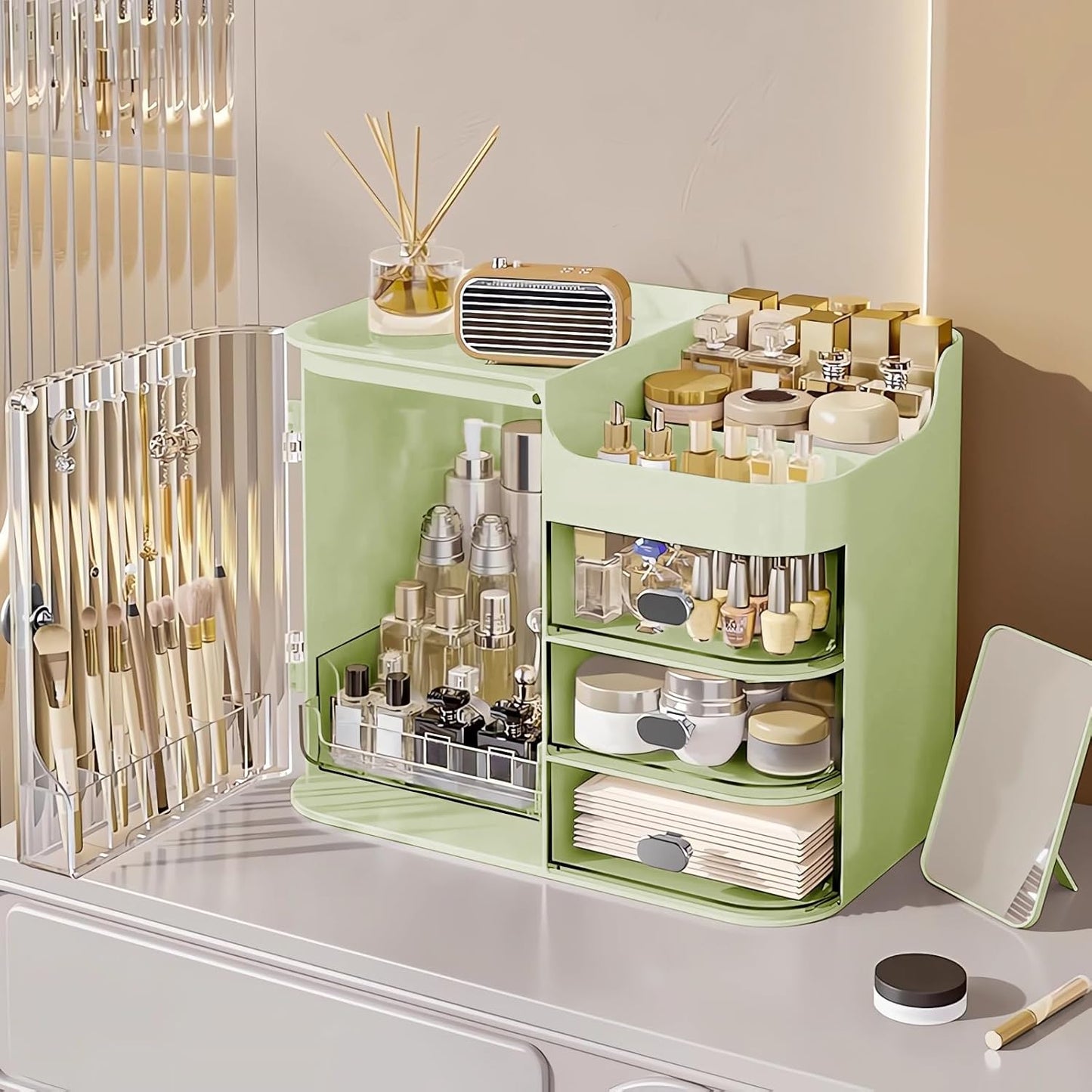 Makeup Organizer Countertop - Cosmetic Display Case, Table Cosmetics Drawer | Large Capacity Cosmetics Storage Box, Makeup Brushes Holder With Mirror for Lipsticks, Hair Clips