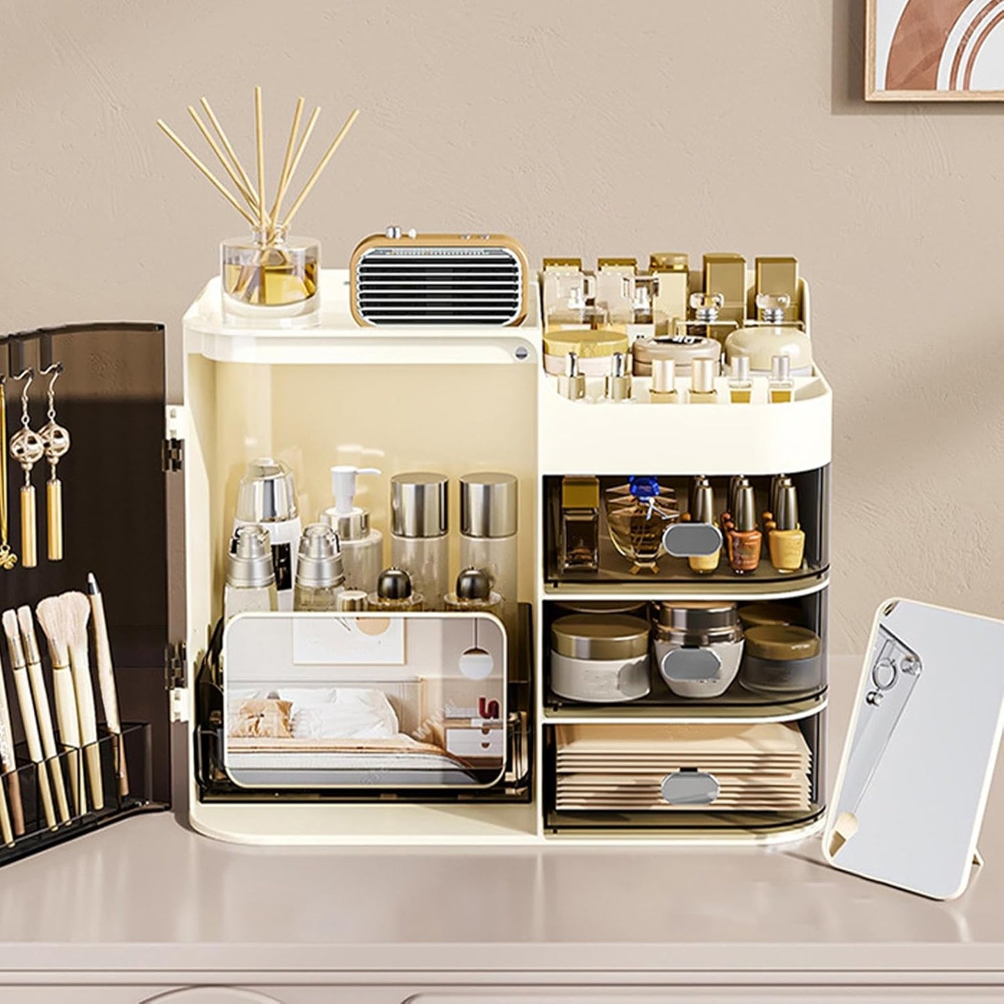 Makeup Organizer Countertop - Cosmetic Display Case, Table Cosmetics Drawer | Large Capacity Cosmetics Storage Box, Makeup Brushes Holder With Mirror for Lipsticks, Hair Clips