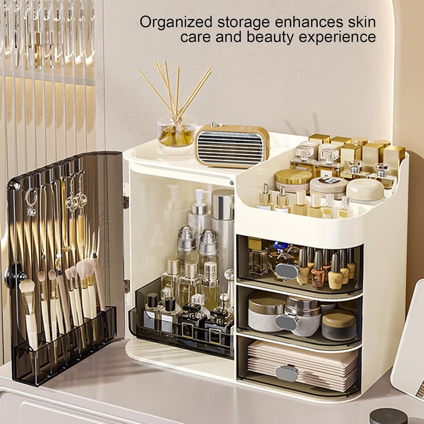 Makeup Organizer Countertop - Cosmetic Display Case, Table Cosmetics Drawer | Large Capacity Cosmetics Storage Box, Makeup Brushes Holder With Mirror for Lipsticks, Hair Clips