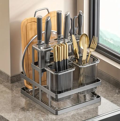 1Pc Metal Kitchen Knife Rack with Chopstick Cage, Wall Mounted Countertop Organizer for Cutlery, Chopping Board Storage Holder