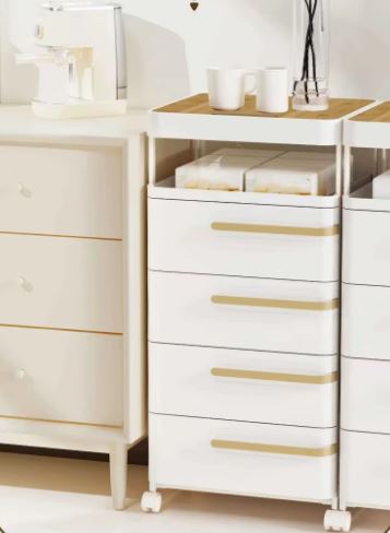 Movable Nightstand with Wheels, Multi-Tier Storage Cart with Drawers for Office, Bedroom, Living Room, and Bathroom