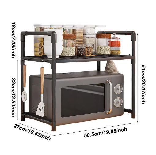 Multi-Purpose Space-Saving 2-Tier Kitchen Oven Rack Organizer with Hooks, Kitchen Accessories Storage Utility Racks