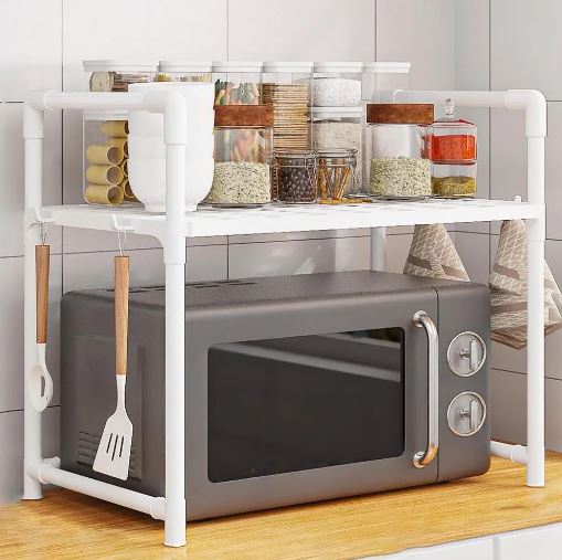 Multi-Purpose Space-Saving 2-Tier Kitchen Oven Rack Organizer with Hooks, Kitchen Accessories Storage Utility Racks