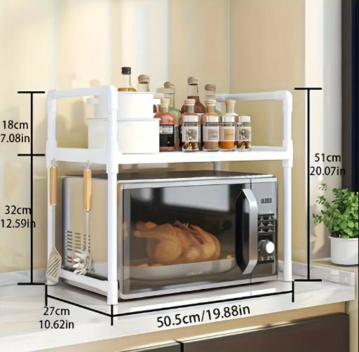 Multi-Purpose Space-Saving 2-Tier Kitchen Oven Rack Organizer with Hooks, Kitchen Accessories Storage Utility Racks