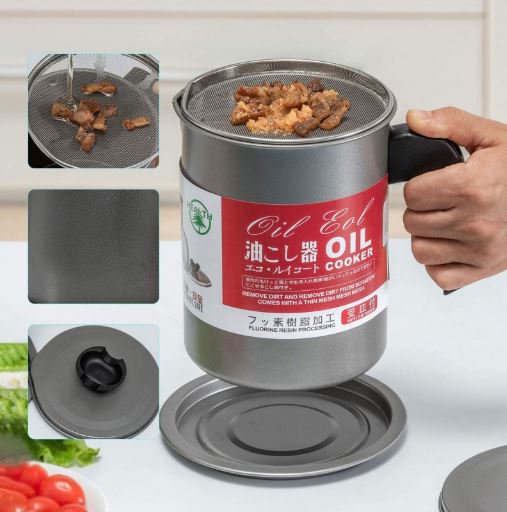 Kitchen Oil Storage Container Pot with Mesh Strainer