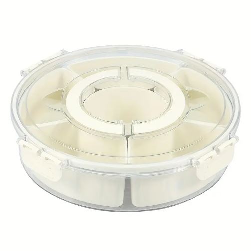 Rotating Snack Organizer Tray with Lid and Handle, Large Multi-Compartment Plastic Food Platter, Portable Snack Tray