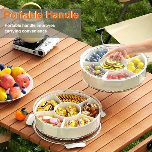 Rotating Snack Organizer Tray with Lid and Handle, Large Multi-Compartment Plastic Food Platter, Portable Snack Tray