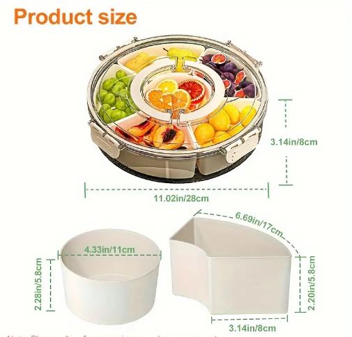 Rotating Snack Organizer Tray with Lid and Handle, Large Multi-Compartment Plastic Food Platter, Portable Snack Tray