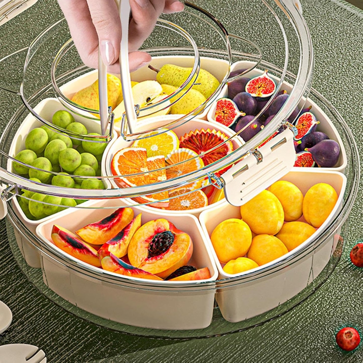 Rotating Snack Organizer Tray with Lid and Handle, Large Multi-Compartment Plastic Food Platter, Portable Snack Tray